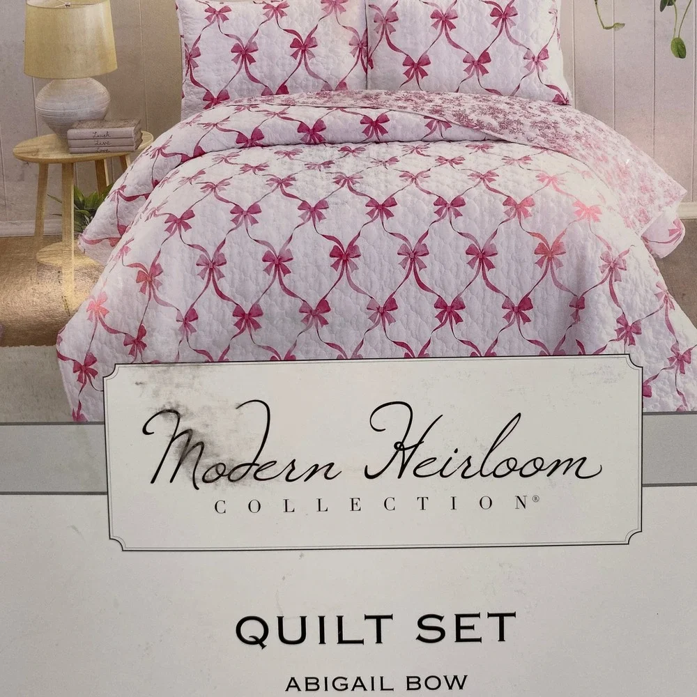 Modern Heirloom Abigail Bow Quilt Set Twin White Pink Ribbon Coquette Cottage